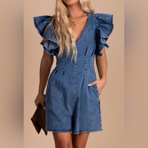 Gorgeous Pleated Flutter Sleeve Denim Romper